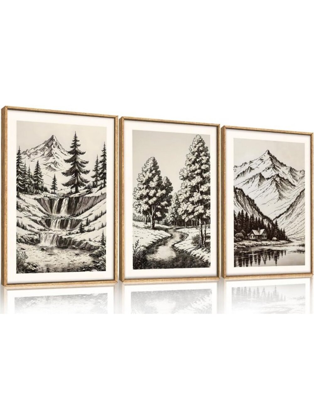 Vintage Pine Tree Mountain Framed Canvas Wall Art Set - Nature Decor 16x24